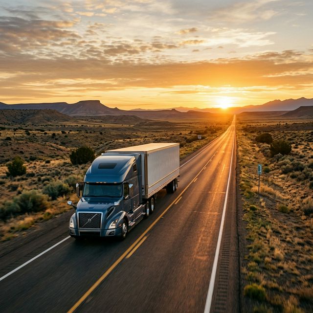 A semi-truck traveling a desert highway at sunrise